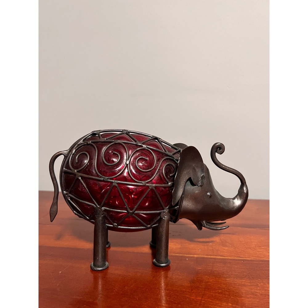 Vintage Red Blown Glass Wrought Iron Elephant Figurine Metal Cage Decor Shelf